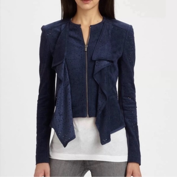 BCBGMAXAZRIA 'Eliot' Perforated Faux Suede Ruffle Lapel Jacket (Navy) Small $298 - Picture 1 of 7
